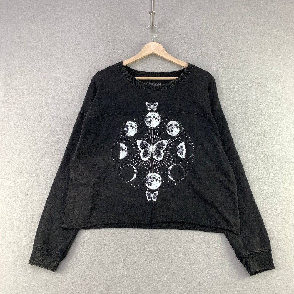 Rebellious One Moon Butterfly Sweatshirt Women M Black Celestial Sweatshirt
